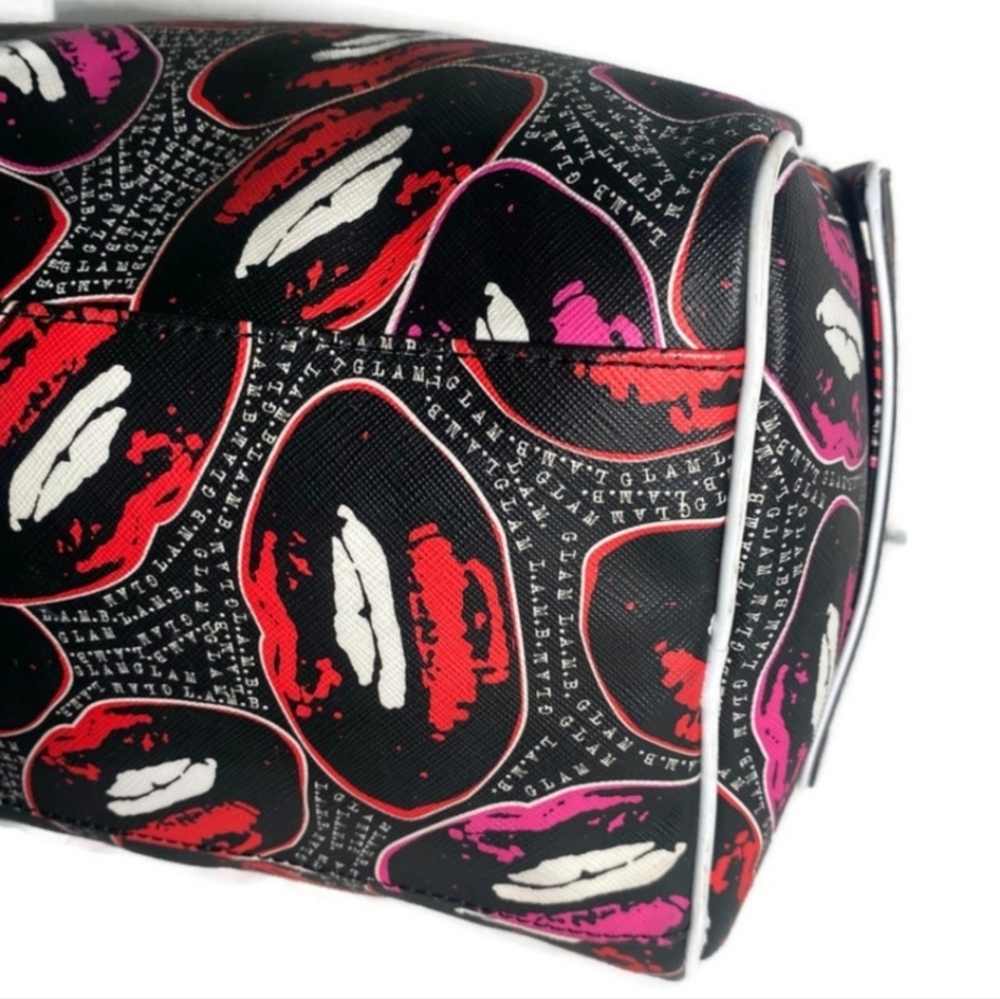 L.A.M.B. Worthington Satchel - Kiss 4 Me Print Black and Pink Women's Bag - Picture 6 of 11